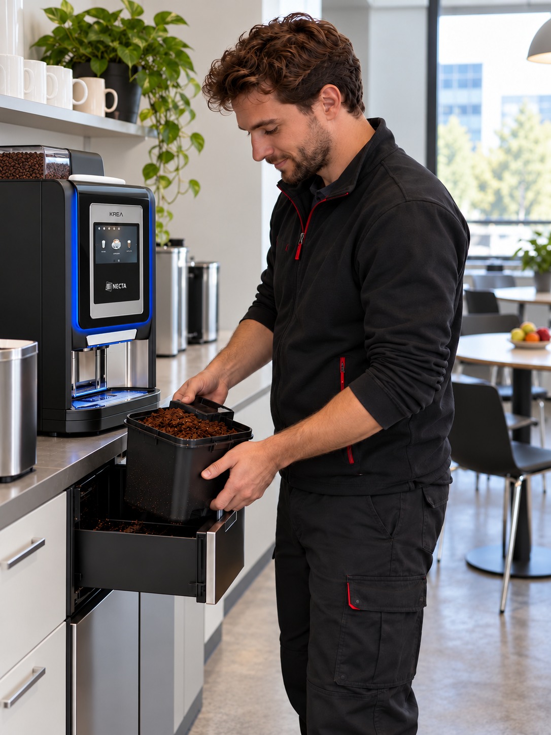 Technicien Optimat collectant le marc de café d'une machine à café professionnelle à Monaco